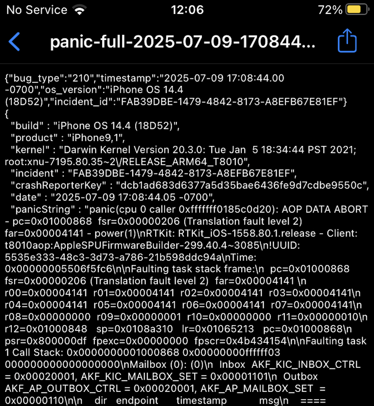 AOP panic log with recognisable values
