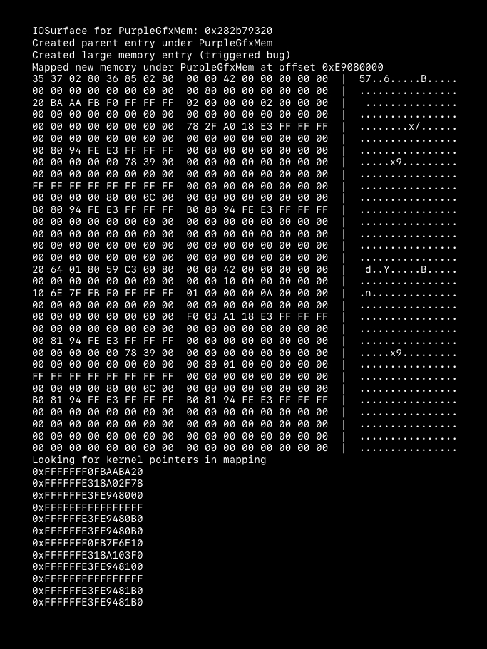 Kernel addresses found in mapped memory