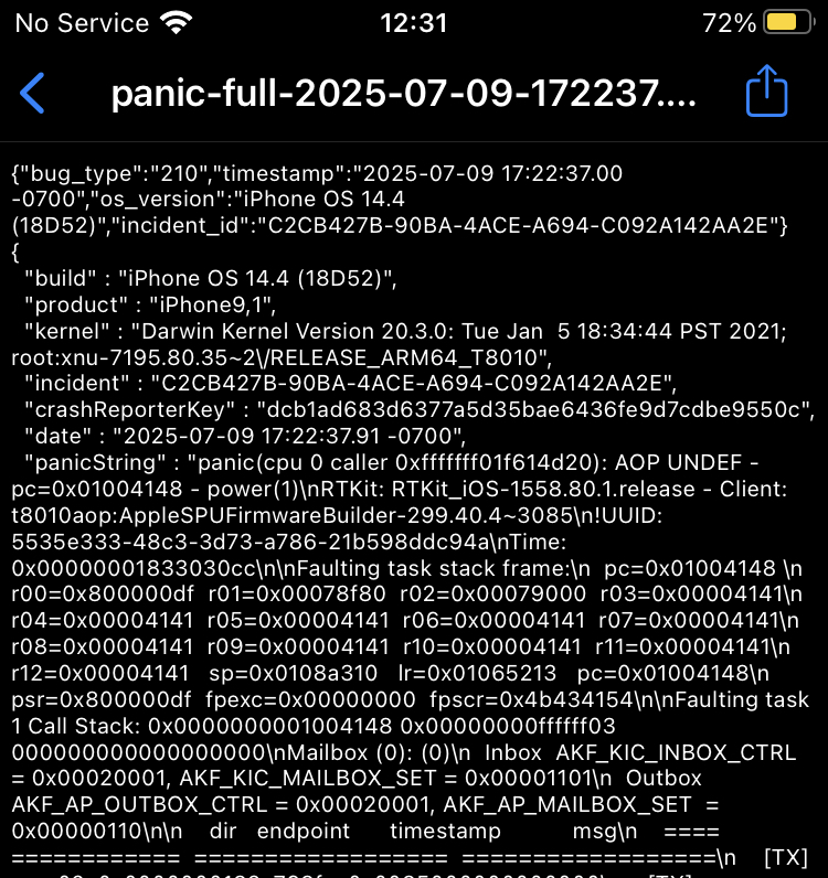 AOP panic log with TTBR values